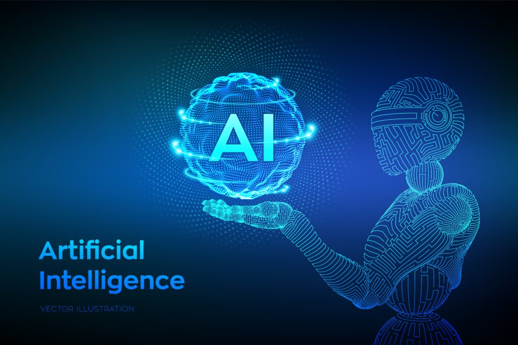 AI. Artificial intelligence. Wireframe robot. AI in robotic hand. Machine learning and cyber mind domination concept. Technology sci-fi concept. Graphic design concept of future. Vector illustration.